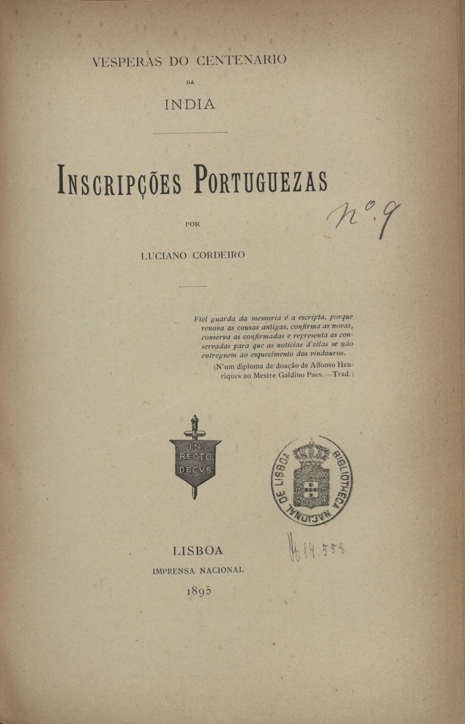 Cover of Inscripções portuguezas / por Luciano Cordeiro. - Lisboa : Impr. Nacional, 1895. - 50 p. ; 25 cm